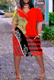 Red Graphic Floral Leaf Print V Neck Short Sleeve with Pocket Casual Outing Plus Size Midi T-shirt Dress