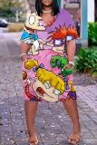 Light Blue Cartoon Print V Neck Short Sleeve with Pocket Casual Outing Plus Size Midi T-shirt Dress