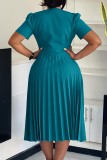 Light Blue V Neck Short Sleeve Button up 3D Flower Decor Pleated Fitted Party Evening Maxi Dresses