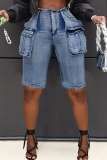 Light Blue Casual Pocket Patchwork Mid Waist Bodycon Fifth Cargo Denim Shorts