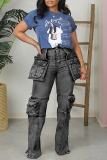 Light Blue Casual Mid Waist with Pocket Straight Cargo Denim Jeans