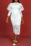 White Lace Round Neck Long Hubble-Bubble Sleeve Bodycon Celebrities Party Club Wear Evening Long Dresses