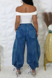 Black Grey Casual Pocket Belted Tie Bow Mid Waist Drawstring Straight Harem Denim Jeans