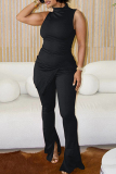Black Slit Turtleneck Sleeveless Tops and Flared Pants Bodycon Casual Outing Two Piece Trouser Sets