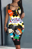 Light Blue Casual Cartoon Print U Neck Sleeveless Bodycon Plus Size Midi Vest Dresses