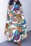 White Tropical Leaf Print O Neck 3/4 Sleeve Belted Fitted A-line Casual Vacation Plus Size Maxi Dresses
