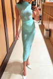 Green See-Through Turtleneck Short Sleeve Bodysuit and Maxi Skirts Bodycon Party Vacation Two Piece Dress Sets