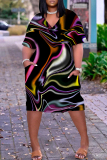 Black Orange Abstract Print V Neck Short Sleeve with Pocket Casual Outing Plus Size Midi T-shirt Dress
