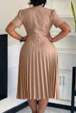 Light Blue V Neck Short Sleeve Button up 3D Flower Decor Pleated Fitted Party Evening Maxi Dresses