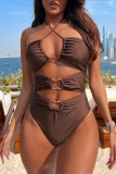 Brown Cut Out Backless Lace up Halter One Piece Swimwear Swimsuits (With Paddings)