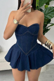 Black Sleeveless Backless Zipper-back Bodycon A-line Casual Outing Party Club Denim Mini Dresses