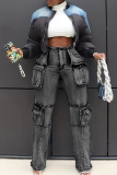 Light Blue Casual Mid Waist with Pocket Straight Cargo Denim Jeans