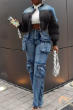 Light Blue Casual Mid Waist with Pocket Straight Cargo Denim Jeans