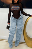 Blue Zipper High Waist Pocket Buttons Patchwork Casual Loose Straight Leg Cargo Denim Jeans