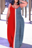 Red Contrast Print Striped U Neck Sleeveless Backless Fitted Casual Vacation Plus Size Maxi Slip Dresses