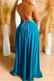 Blue Sleeveless Backless Cross Straps Cut Out Mental Ring Trim Waist High Slit Bodycon Party Vacation Maxi Slip Dresses