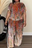 White Abstract Print O Neck Short Sleeve T-shirt and Wide Leg Pants Casual Outing Plus Size Two Piece Trouser Sets