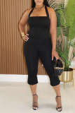Black Casual Sleeveless Backless Halter Tops and Flared Capri Pants Bodycon Two Piece Trouser Sets