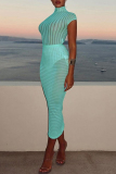 Green See-Through Turtleneck Short Sleeve Bodysuit and Maxi Skirts Bodycon Party Vacation Two Piece Dress Sets