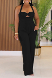 Apricot Sleeveless Backless Keyhole Cutout Knitted Casual Vacation Halter Wide Leg Jumpsuits