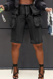 Light Blue Casual Pocket Patchwork Mid Waist Bodycon Fifth Cargo Denim Shorts