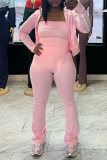 White Striped Casual Sportswear Stand-up Collar Long Sleeve Zipper Jackets Tube Tops and Flared Panst Three Piece Trouser Sets