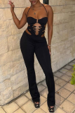 Black Sleeveless Backless Belted Cut Out Mental Accessories Trim Bodycon Party Club Wear Halter Jumpsuits