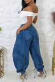 Black Grey Casual Pocket Belted Tie Bow Mid Waist Drawstring Straight Harem Denim Jeans