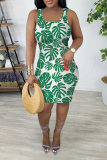 White Black Casual Tropical Leaf Print U Neck Sleeveless Bodycon Plus Size Midi Vest Dresses