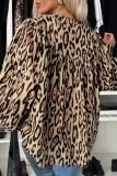 Brown Casual Leopard Print Long Sleeve Button up Ruched Loose Shirts Tops