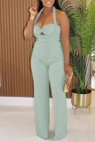 Apricot Sleeveless Backless Keyhole Cutout Knitted Casual Vacation Halter Wide Leg Jumpsuits
