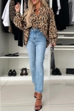 Brown Casual Leopard Print Long Sleeve Button up Ruched Loose Shirts Tops