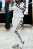 White Striped Casual Sportswear Stand-up Collar Long Sleeve Zipper Jackets Tube Tops and Flared Panst Three Piece Trouser Sets
