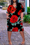 Red Graphic Floral Leaf Print V Neck Short Sleeve with Pocket Casual Outing Plus Size Midi T-shirt Dress
