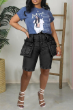 Light Blue Casual Pocket Patchwork Mid Waist Bodycon Fifth Cargo Denim Shorts
