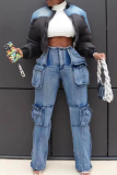 Light Blue Casual Mid Waist with Pocket Straight Cargo Denim Jeans
