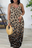 Leopard Gradient Print U Neck Sleeveless Backless Fitted Casual Vacation Plus Size Maxi Slip Dresses