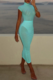 Green See-Through Turtleneck Short Sleeve Bodysuit and Maxi Skirts Bodycon Party Vacation Two Piece Dress Sets