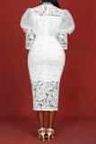 White Lace Round Neck Long Hubble-Bubble Sleeve Bodycon Celebrities Party Club Wear Evening Long Dresses
