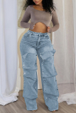 Blue Zipper High Waist Pocket Buttons Patchwork Casual Loose Straight Leg Cargo Denim Jeans