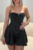 Black Sleeveless Backless Zipper-back Bodycon A-line Casual Outing Party Club Denim Mini Dresses