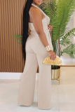 Apricot Sleeveless Backless Keyhole Cutout Knitted Casual Vacation Halter Wide Leg Jumpsuits