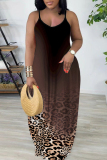 Leopard Gradient Print U Neck Sleeveless Backless Fitted Casual Vacation Plus Size Maxi Slip Dresses