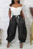 Black Grey Casual Pocket Belted Tie Bow Mid Waist Drawstring Straight Harem Denim Jeans
