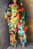 Blue Casual Abstract Print Off Shoulder Long Lantern Sleeve Loose Plus Size Overall Jumpsuits