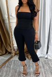 Black Casual Sleeveless Backless Halter Tops and Flared Capri Pants Bodycon Two Piece Trouser Sets