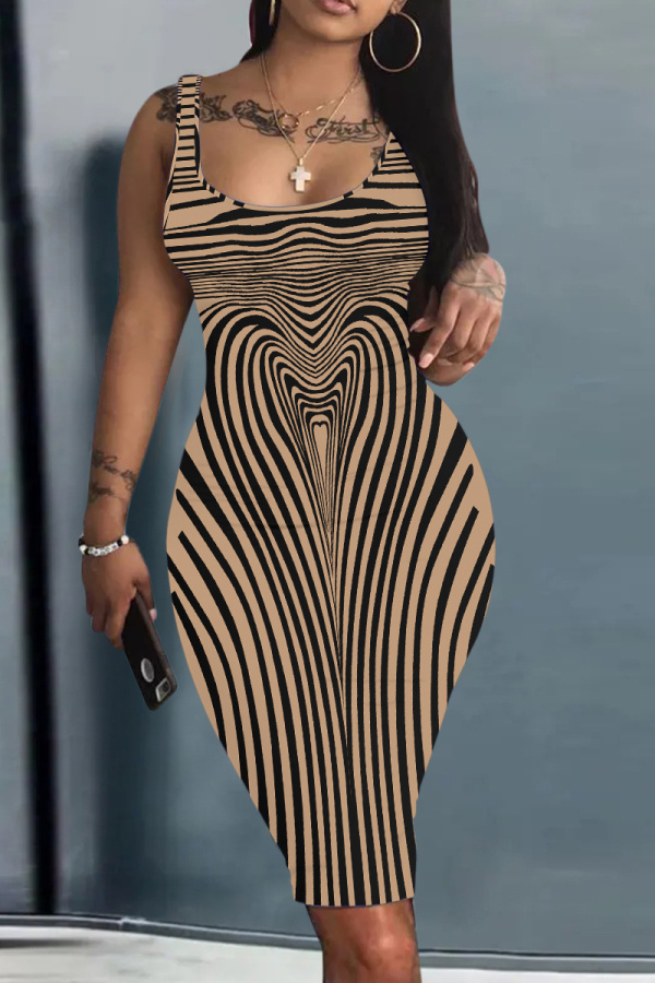 Khaki Abstract Stripe Print U Neck Sleeveless Bodycon Plus Size Midi Vest Dresses