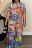 White Abstract Print O Neck Short Sleeve T-shirt and Wide Leg Pants Casual Outing Plus Size Two Piece Trouser Sets