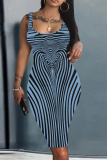 Khaki Abstract Stripe Print U Neck Sleeveless Bodycon Plus Size Midi Vest Dresses