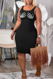 Black Casual Skeleton Hands Print U Neck Sleeveless Bodycon Plus Size Midi Vest Dresses